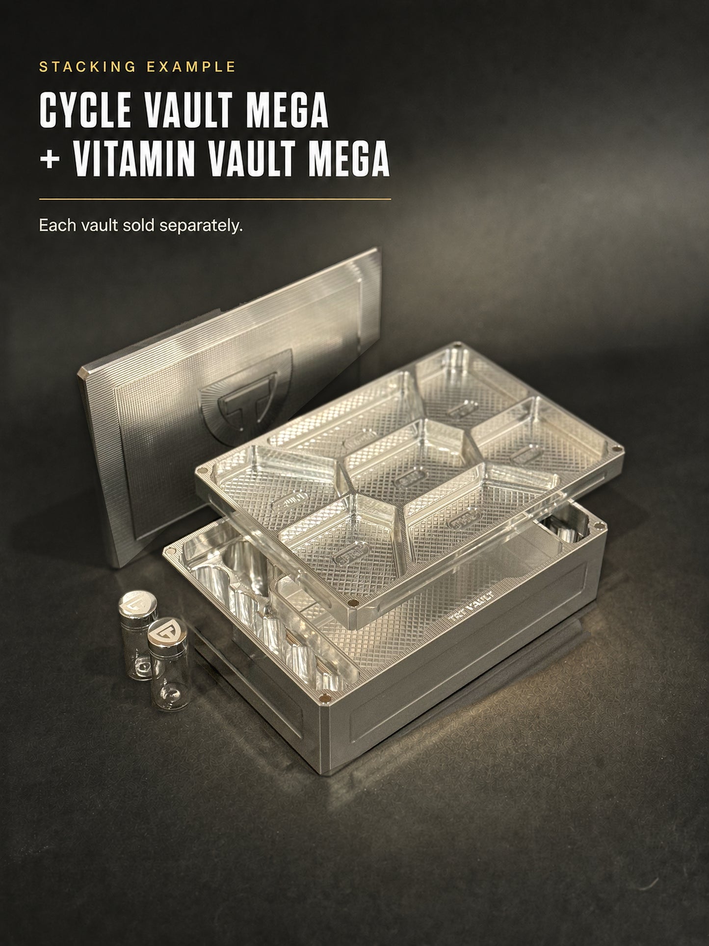 Open Raw Machined Cycle Vault Mega and Vitamin Vault Mega stacking example; each vault sold separately