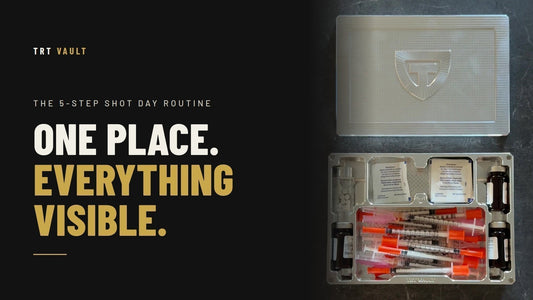 Overhead view of an open TRT Vault Mega with syringes, vials and swabs in the tray. Text reads: The 5-step shot day routine. One place. Everything visible.