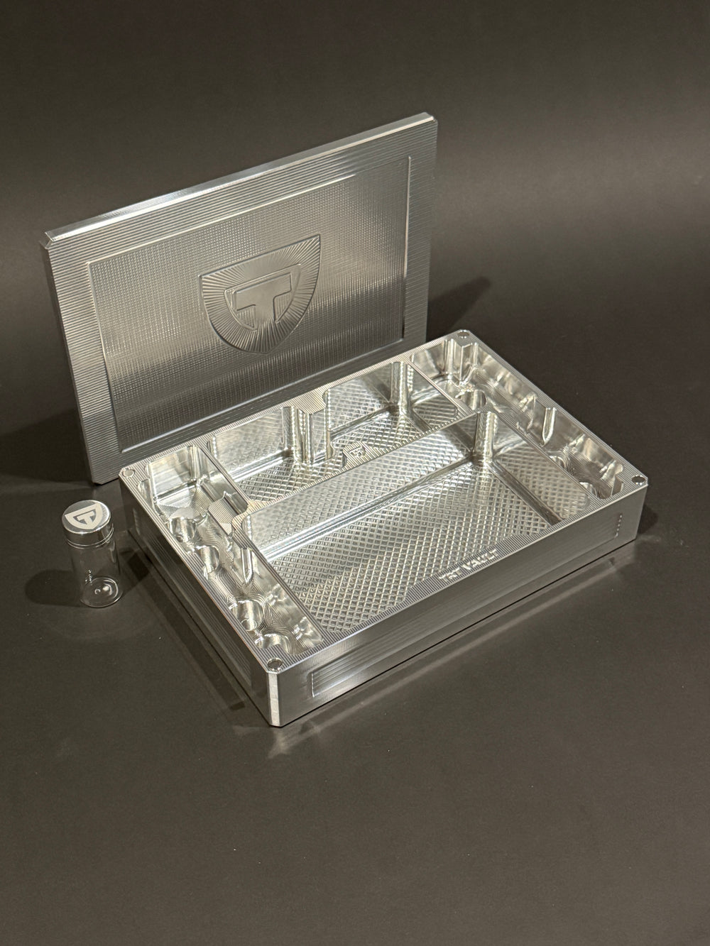 Empty TRT Vault Mega in Raw Machined with removable lid and included pill vial