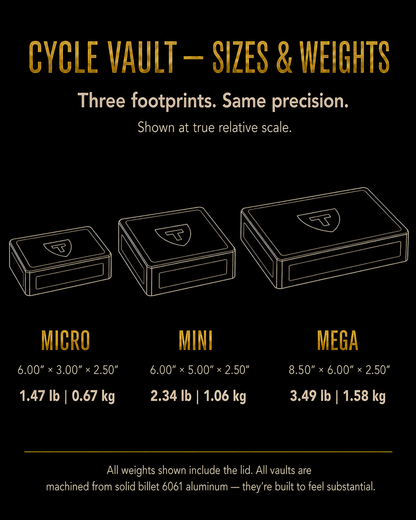 Cycle Vault size and weight comparison: Micro 6 x 3 x 2.5 in, 1.47 lb; Mini 6 x 5 x 2.5 in, 2.34 lb; Mega 8.5 x 6 x 2.5 in, 3.49 lb.