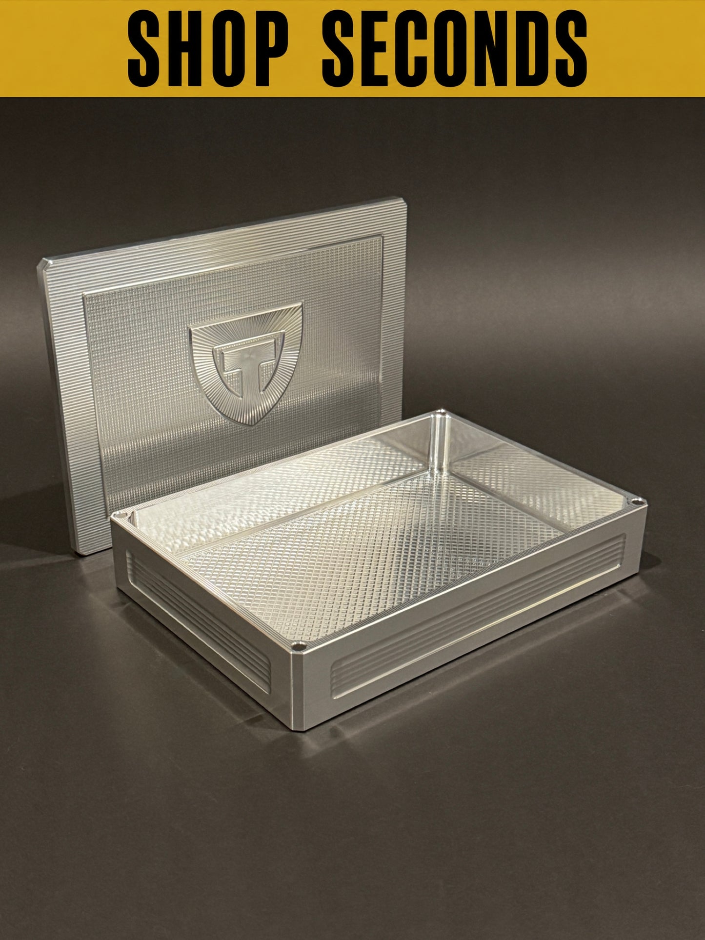 Shop Seconds raw machined Flex Vault Mega shown open and empty with magnetic lid and large storage compartment.
