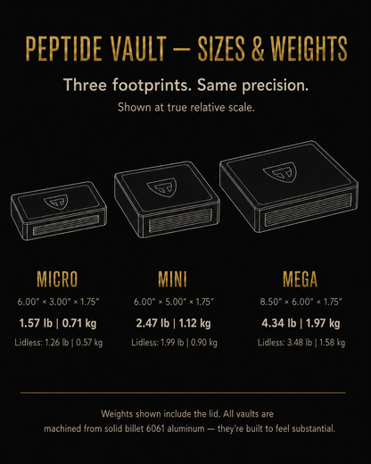 Peptide Vault size and weight comparison: Micro 6 × 3 × 1.75 in, 1.57 lb lidded and 1.26 lb lidless; Mini 6 × 5 × 1.75 in, 2.47 lb lidded and 1.99 lb lidless; Mega 8.5 × 6 × 1.75 in, 4.34 lb lidded and 3.48 lb lidless.