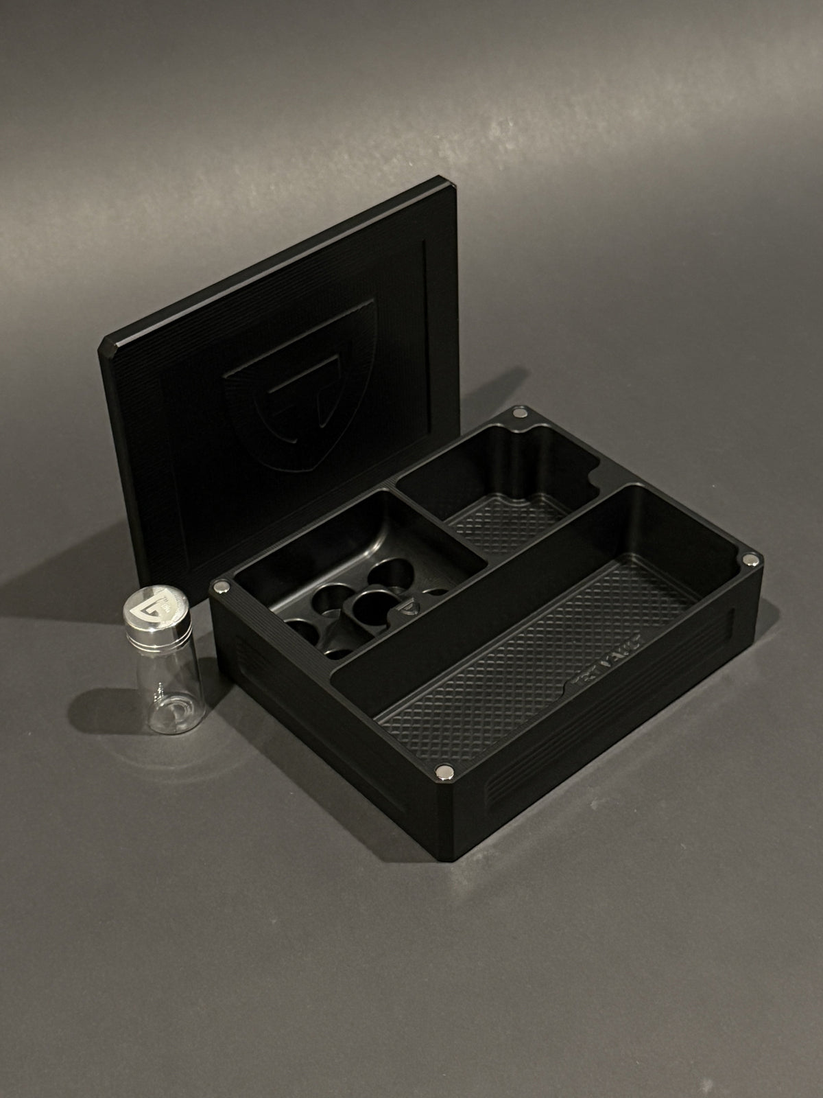 TRT Vault Mini in Black Anodized shown open with removable lid and included 10 mL pill vial.