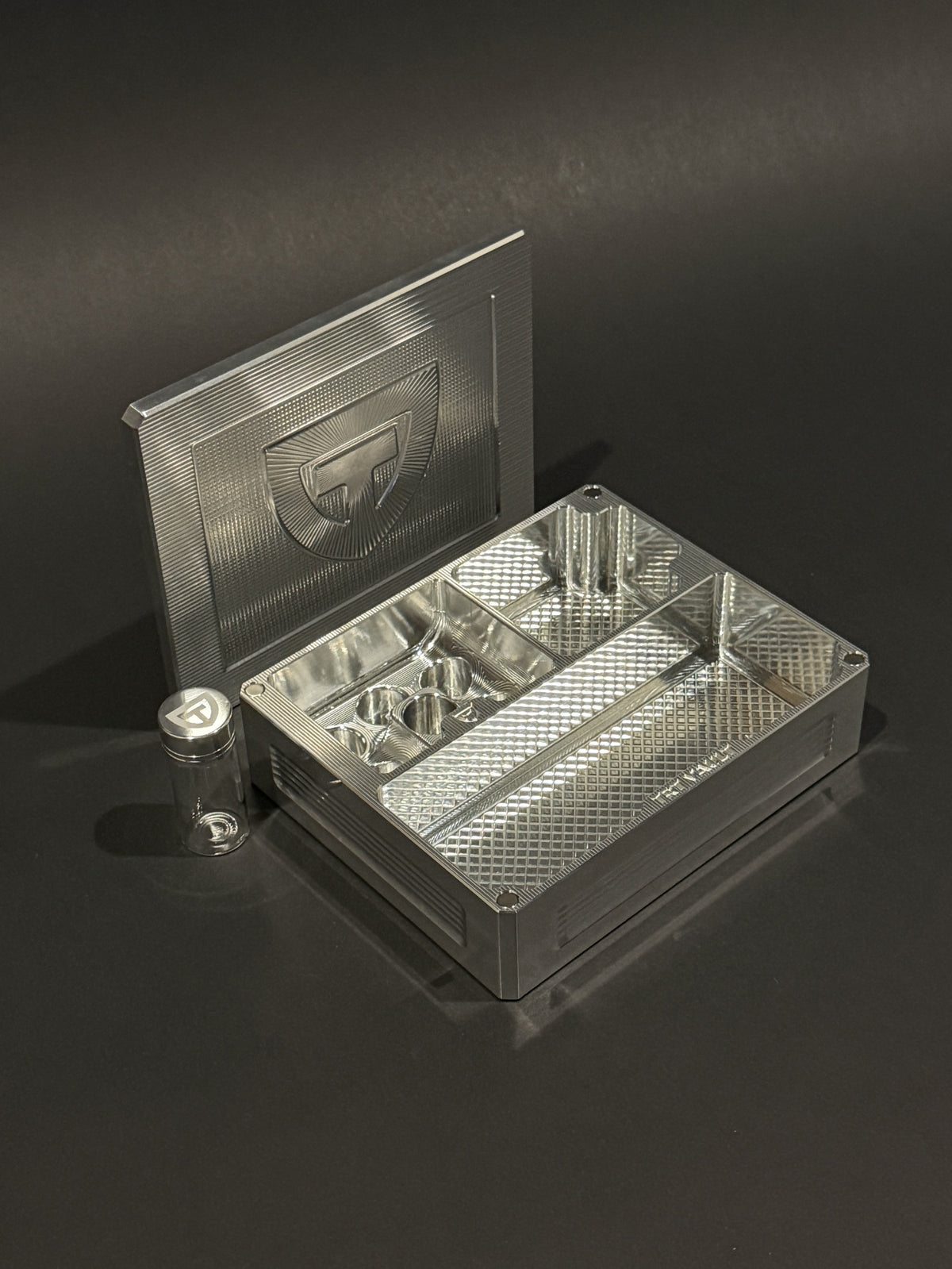 TRT Vault Mini in Raw Machined shown open with removable lid and included 10 mL pill vial. #raw
