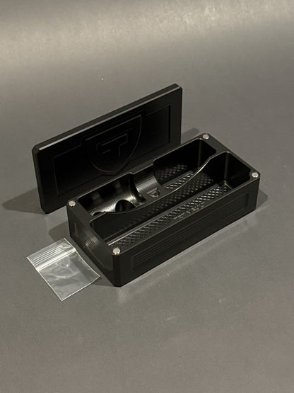 TRT Vault Micro in Black Anodized shown open with removable lid and included zip bag.