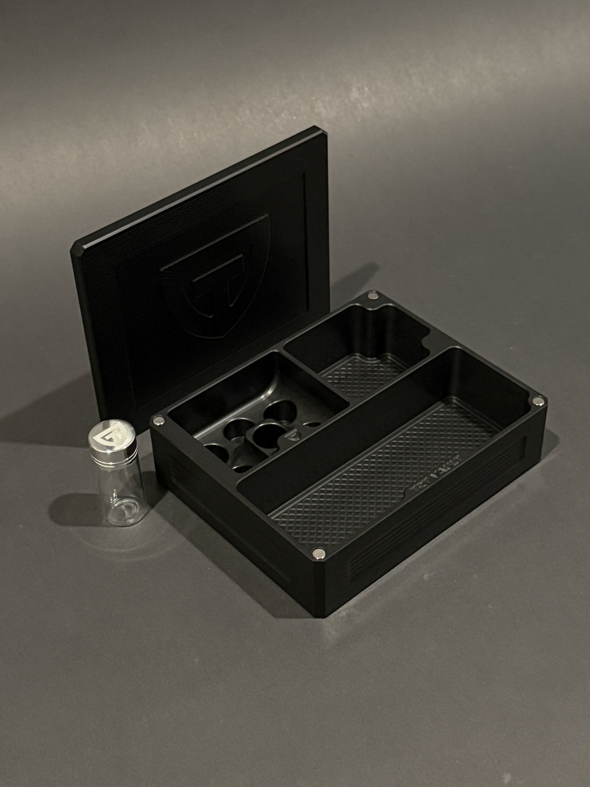 TRT Vault Mini in Black Anodized shown open with removable lid and included 10 mL pill vial.