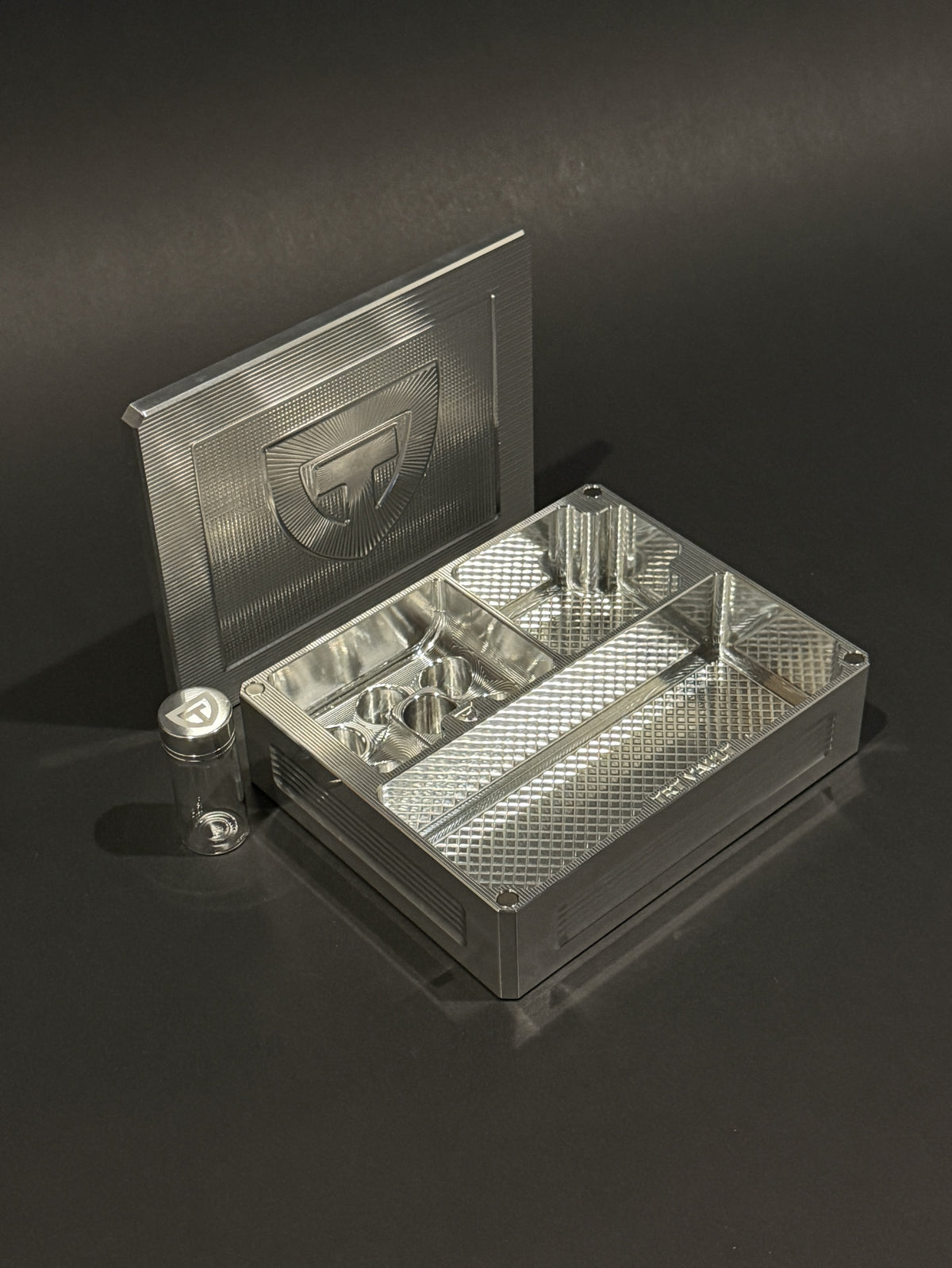 TRT Vault Mini in Raw Machined shown open with removable lid and included 10 mL pill vial.