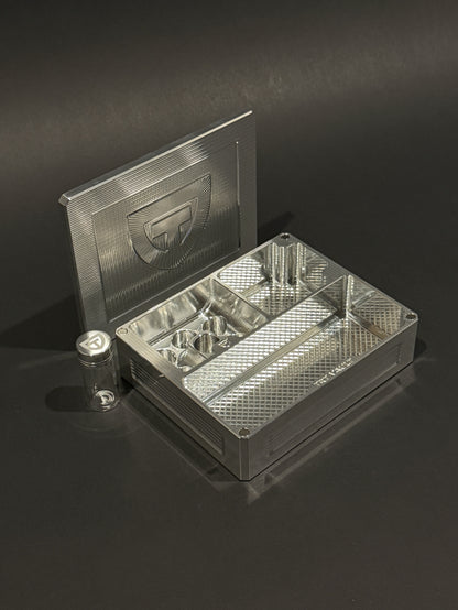 TRT Vault Mini in Raw Machined shown open with removable lid and included 10 mL pill vial.