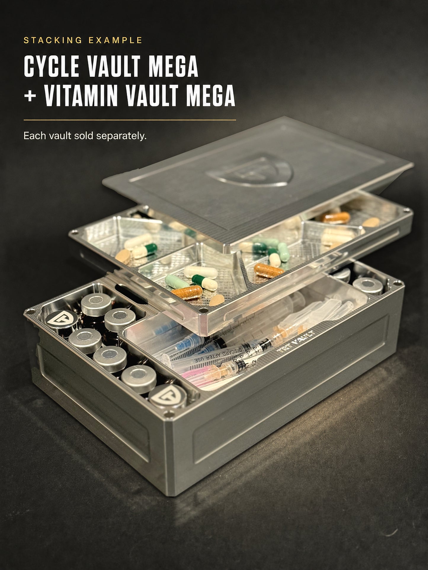 Open Raw Machined Cycle Vault Mega with vials and syringes stacked beneath a Vitamin Vault Mega with capsules; each vault sold separately