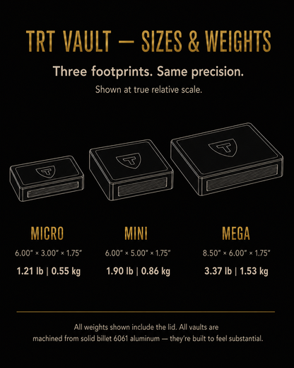 TRT Vault size and weight comparison: Micro 6 x 3 x 1.75 in, 1.21 lb; Mini 6 x 5 x 1.75 in, 1.90 lb; Mega 8.5 x 6 x 1.75 in, 3.37 lb.
