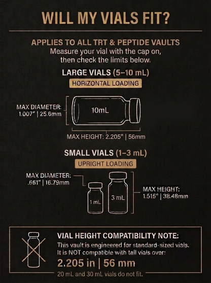 Vial fit guide for all TRT Vaults and Peptide Vaults. Measure your vial with the cap on. Large 5–10 ml vials load horizontally: maximum diameter 1.007 inches (25.6 mm), maximum height 2.205 inches (56 mm). Small 1–3 ml vials load upright: maximum diameter 0.661 inches (16.79 mm), maximum height 1.515 inches (38.48 mm). Not compatible with tall vials over 2.205 inches (56 mm).