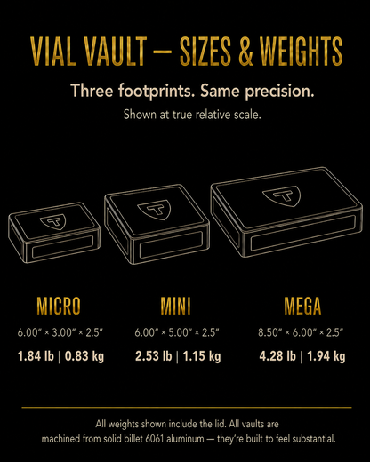 Vial Vault sizes and weights, including lids. Micro: 6 × 3 × 2.5 inches, 1.84 lb. Mini: 6 × 5 × 2.5 inches, 2.53 lb. Mega: 8.5 × 6 × 2.5 inches, 4.28 lb. Dimensions are length × width × height.