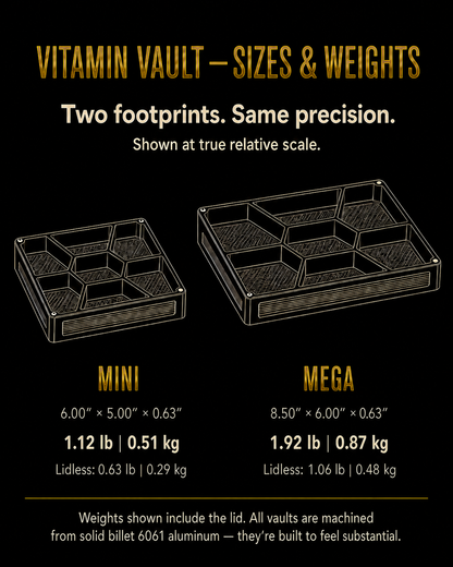 Vitamin Vault size and weight comparison shown at true relative scale. Mini: 6 × 5 × 0.63 in, 1.12 lb (0.51 kg) with lid or 0.63 lb (0.29 kg) lidless. Mega: 8.5 × 6 × 0.63 in, 1.92 lb (0.87 kg) with lid or 1.06 lb (0.48 kg) lidless. Machined from solid 6061 aluminum.